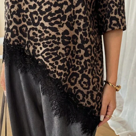 Multicolor Casual Women's Leopard Print Lace Patchwork Short Sleeve T-Shirt - Picture 8 of 9